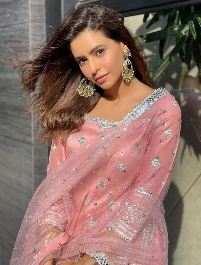 Peach muslin cotton embroidered sharara suit