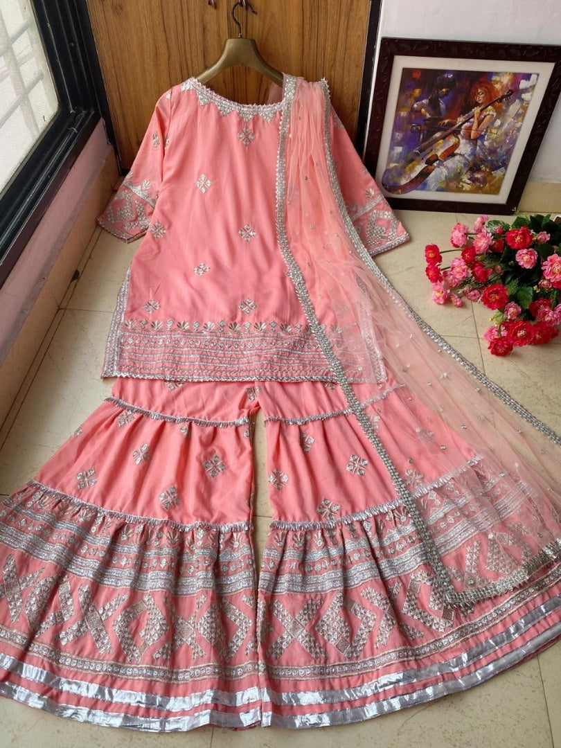 Peach muslin cotton embroidered sharara suit
