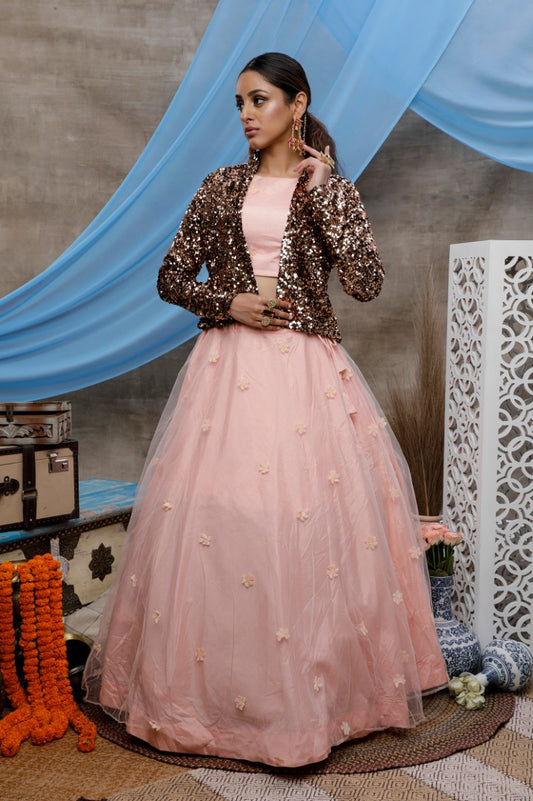 Peach net and velvet heavy sequence wedding lehenga choli with koti
