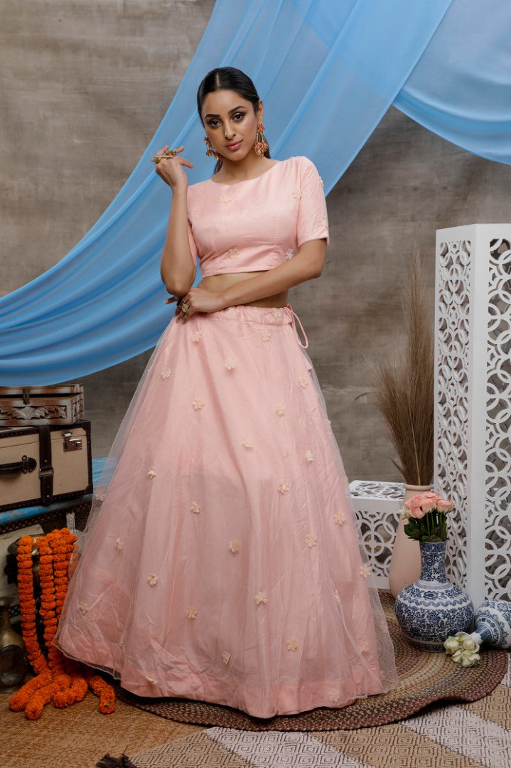 Peach net and velvet heavy sequence wedding lehenga choli with koti