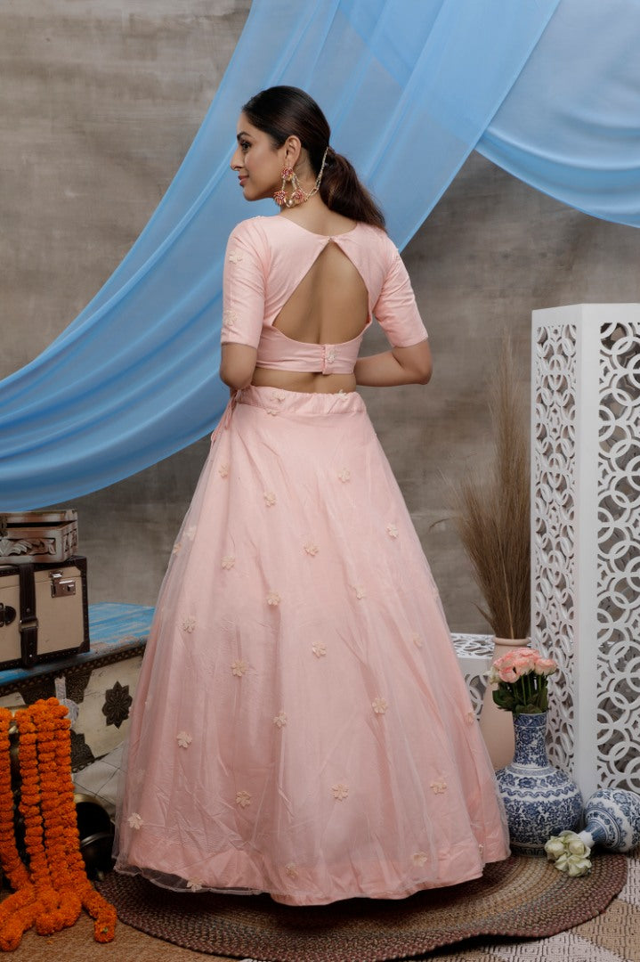 Peach net and velvet heavy sequence wedding lehenga choli with koti