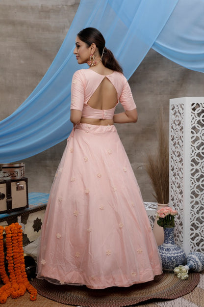 Peach net and velvet heavy sequence wedding lehenga choli with koti
