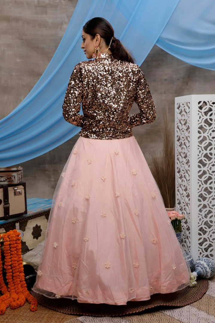 Peach net and velvet heavy sequence wedding lehenga choli with koti