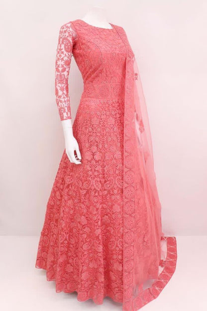 Peach net chain embroidery work heavy gown