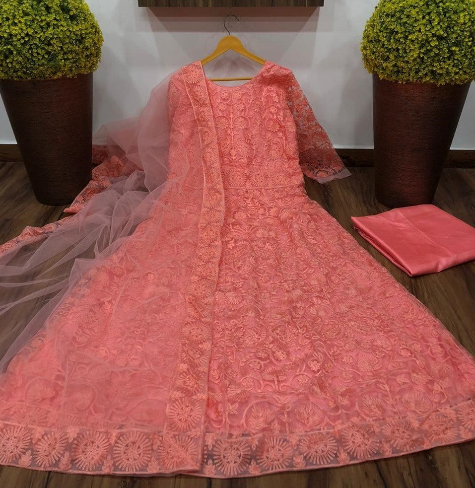 Peach net chain embroidery work heavy gown