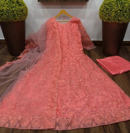 Peach net chain embroidery work heavy gown