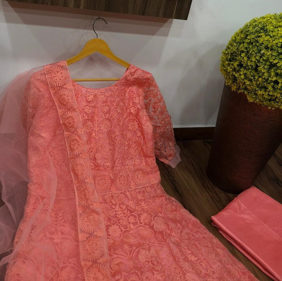 Peach net chain embroidery work heavy gown