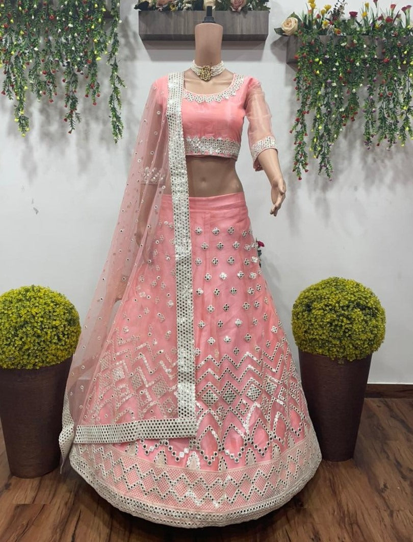 Peach net embroidered lehenga choli