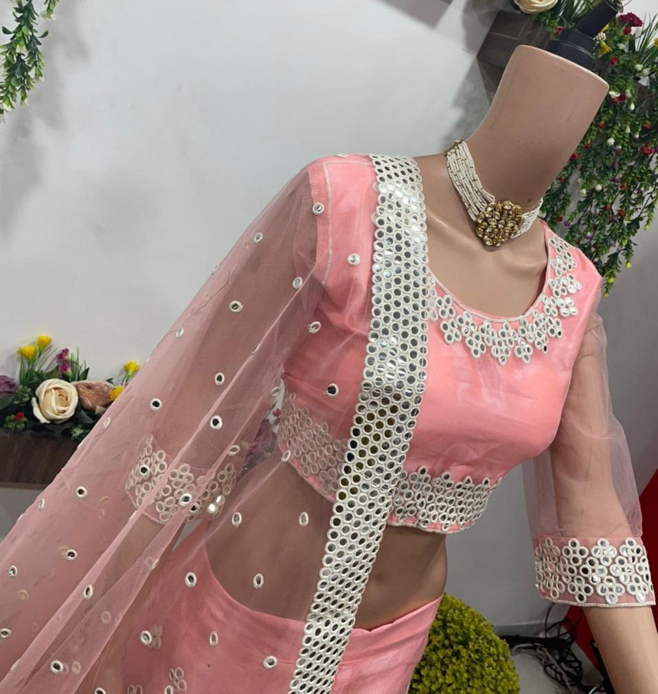 Peach net embroidered lehenga choli
