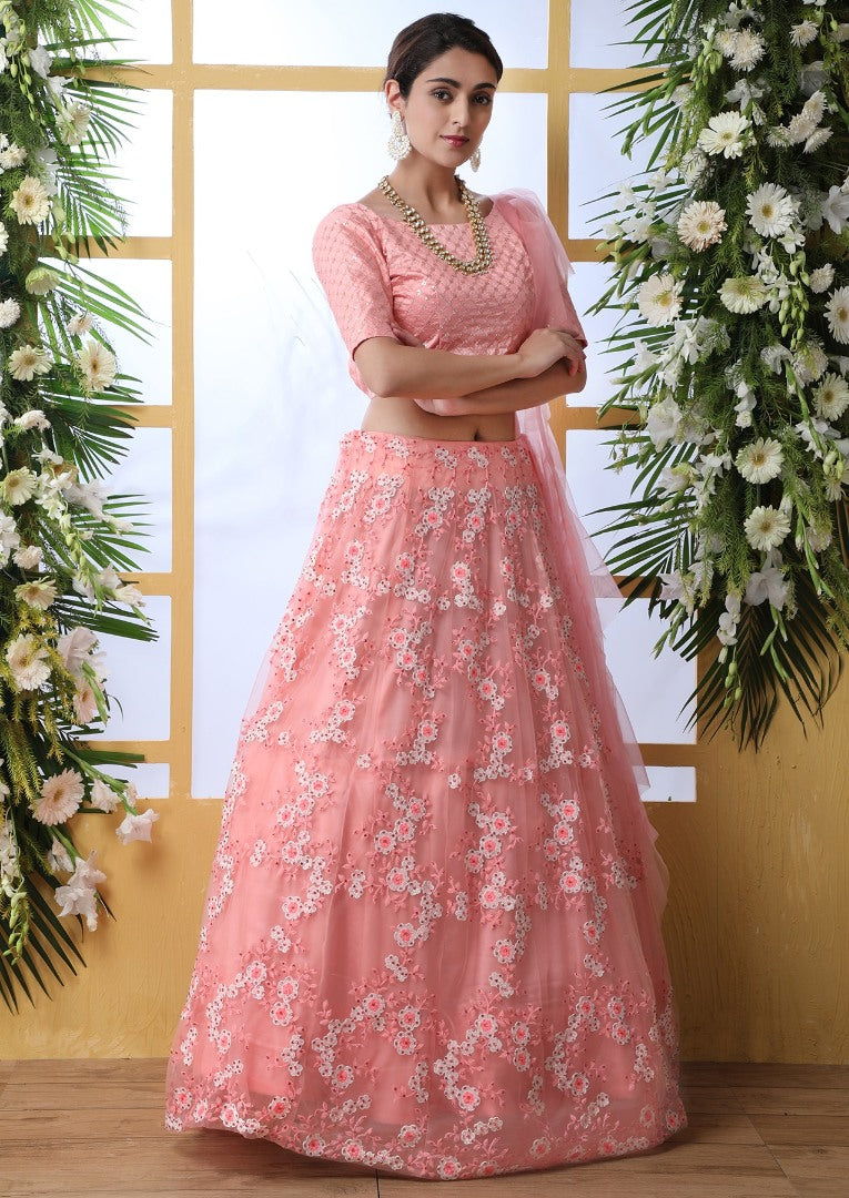 Peach net embroidery work lehenga choli