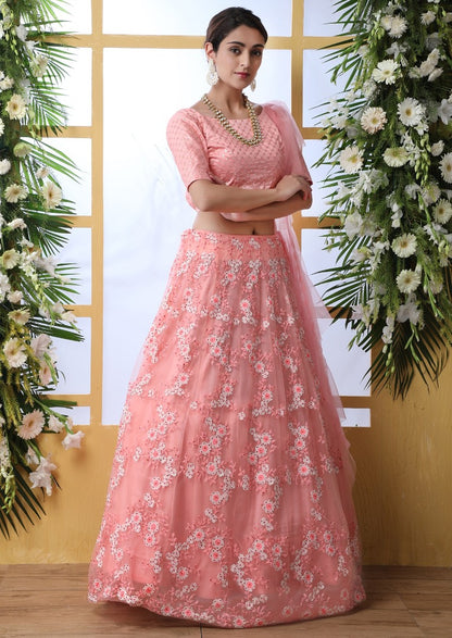 Peach net embroidery work lehenga choli