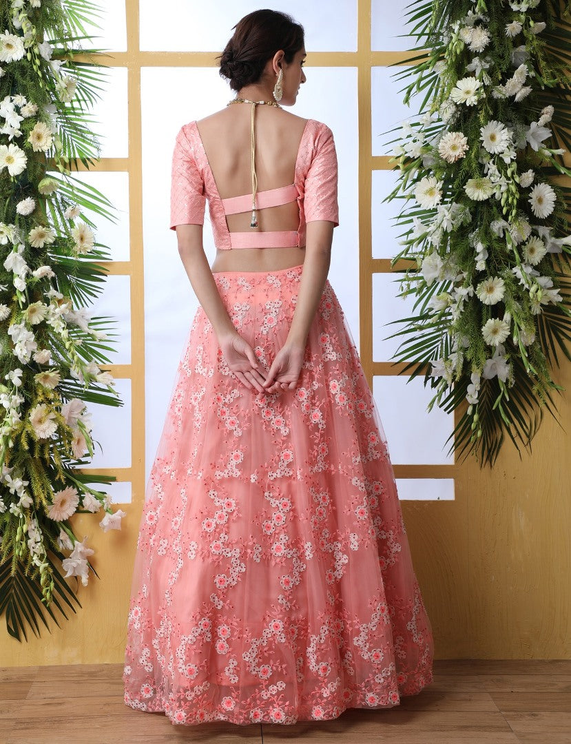 Peach net embroidery work lehenga choli
