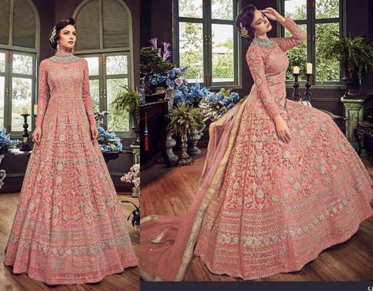Peach net heavy embroidered wedding gown