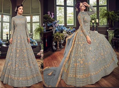 Peach net heavy embroidered wedding gown