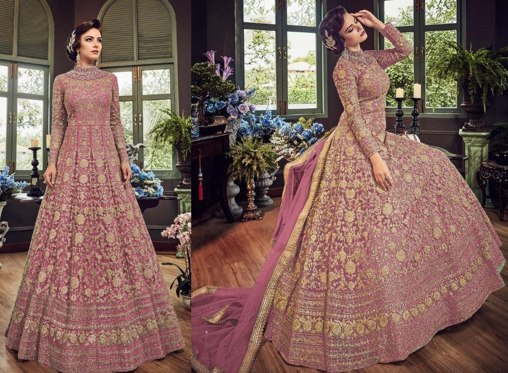 Peach net heavy embroidered wedding gown