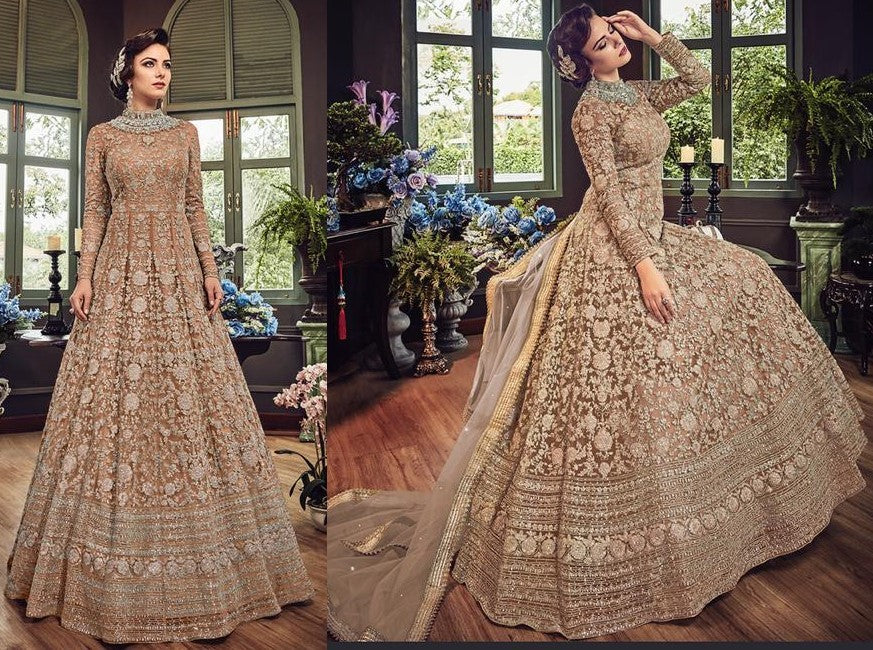 Peach net heavy embroidered wedding gown