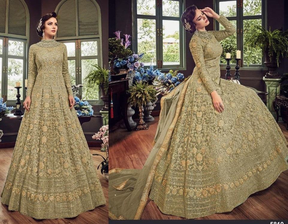 Peach net heavy embroidered wedding gown