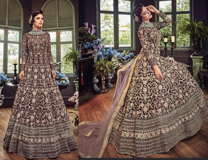 Peach net heavy embroidered wedding gown