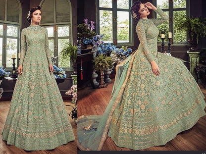 Peach net heavy embroidered wedding gown