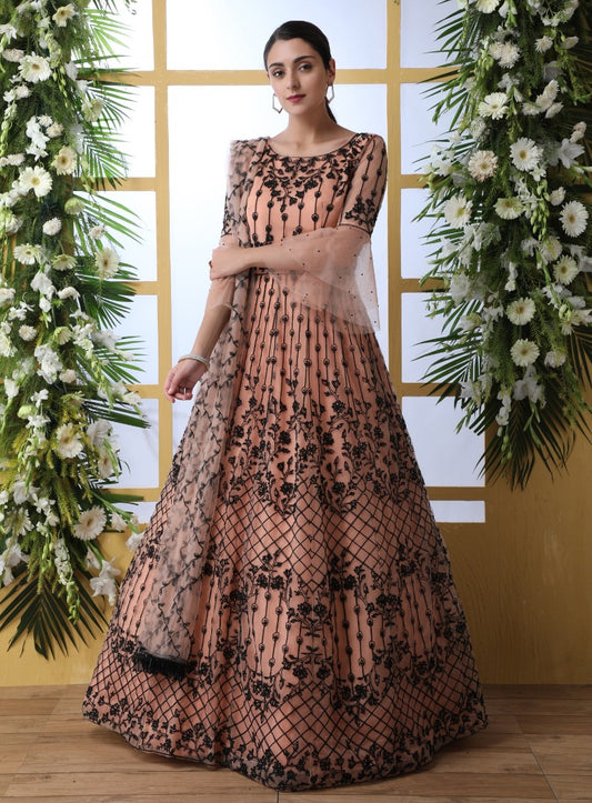 Peach net heavy embroidered wedding long anarkali gown