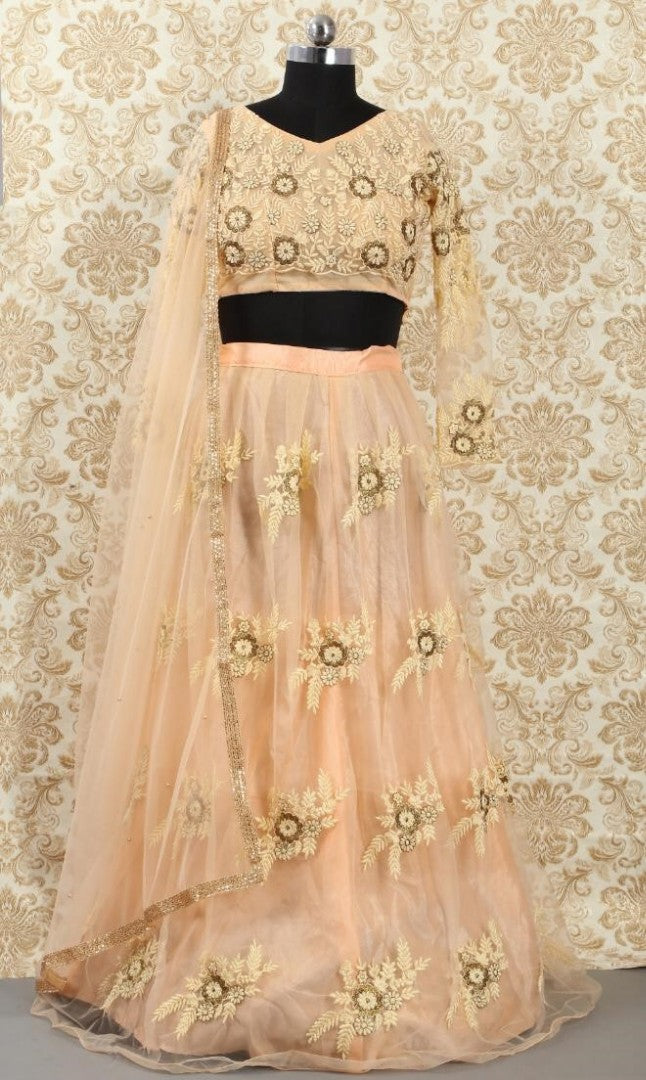 peach net heavy embroidery threadwork wedding lehenga choli