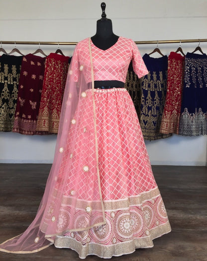 Peach net heavy lucknowi work wedding lehenga choli