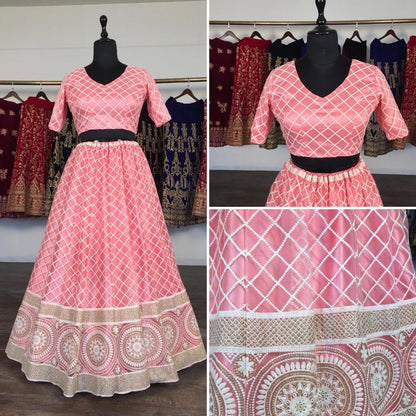 Peach net heavy lucknowi work wedding lehenga choli