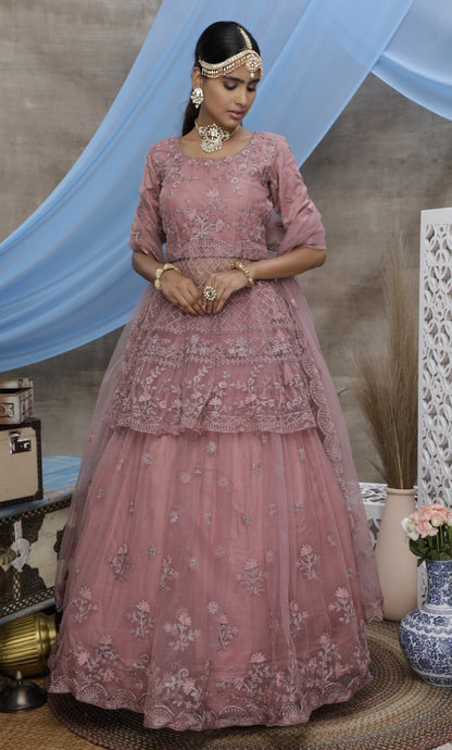 Peach net heavy sequence embroidered wedding lehenga choli
