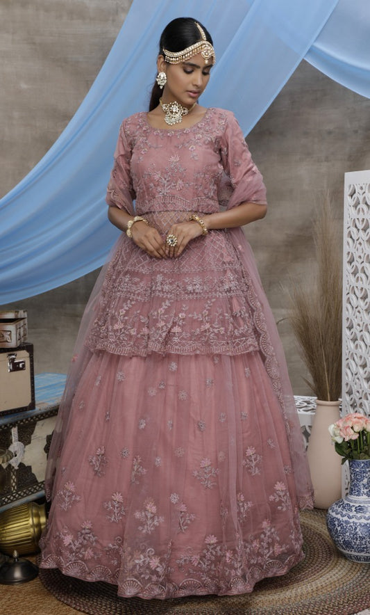 Peach net heavy sequence embroidered wedding lehenga choli