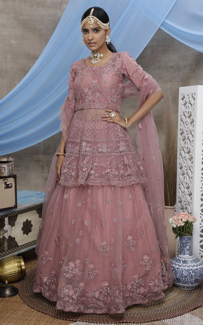 Peach net heavy sequence embroidered wedding lehenga choli