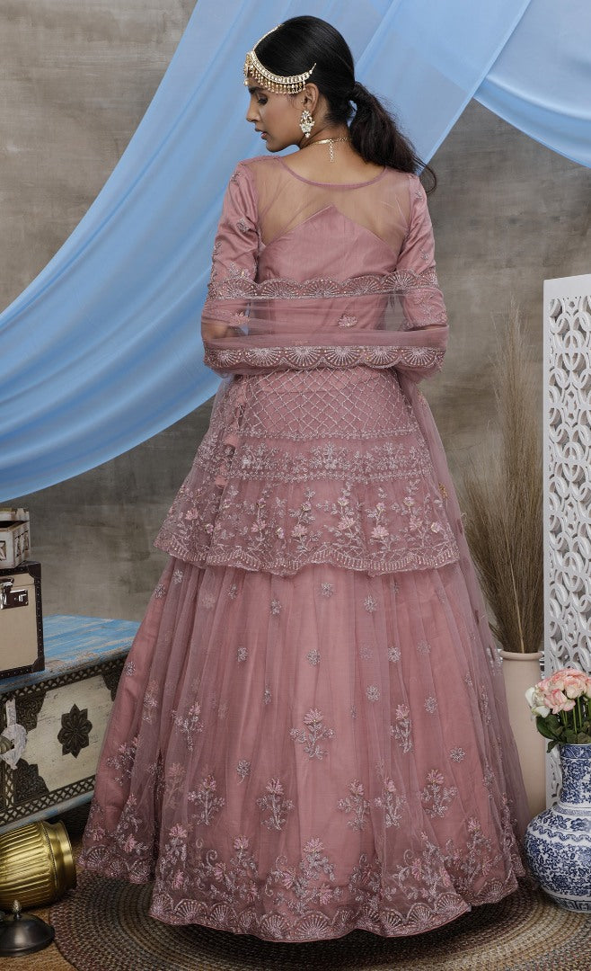 Peach net heavy sequence embroidered wedding lehenga choli