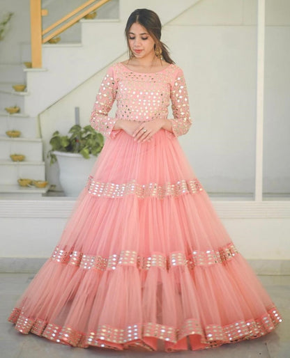Peach net paper mirror work gown