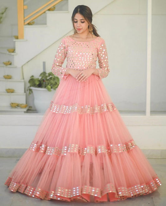 Peach net paper mirror work gown