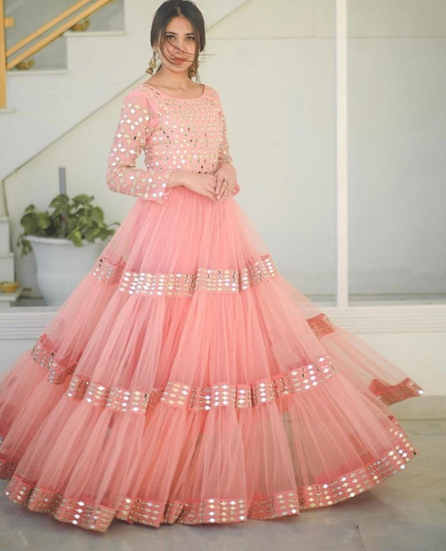 Peach net paper mirror work gown