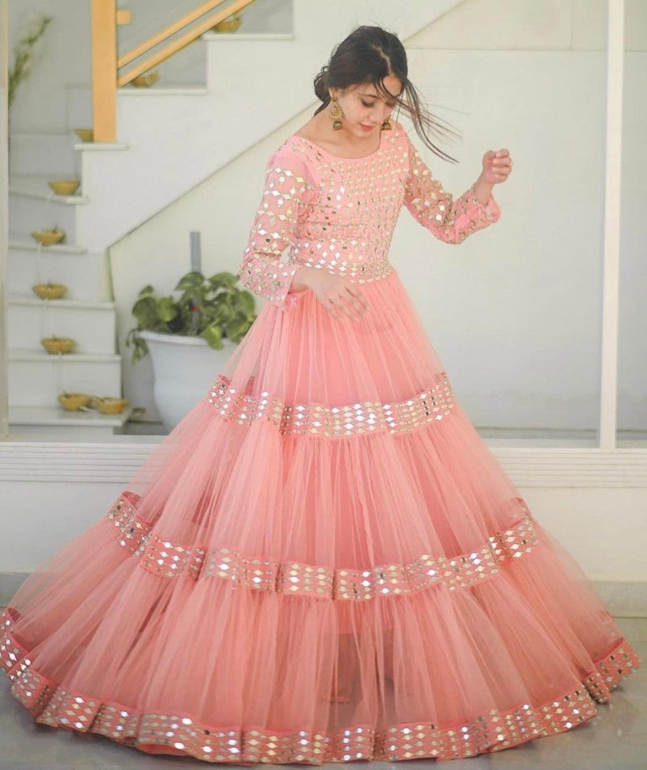 Peach net paper mirror work gown