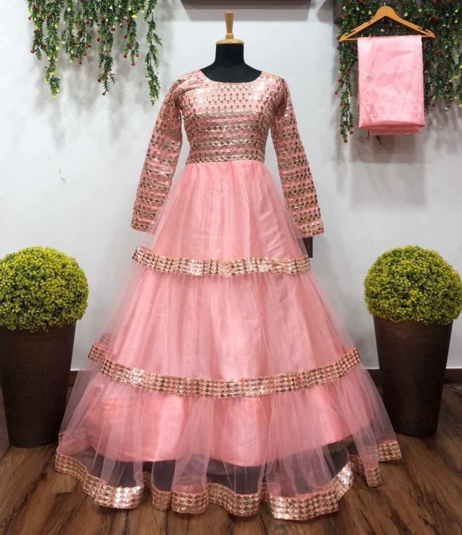 Peach net paper mirror work gown