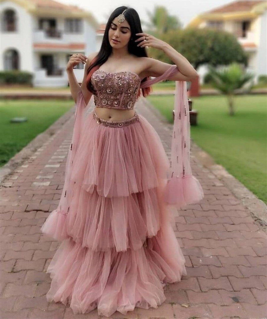 peach net ruffle bollywood lehenga choli