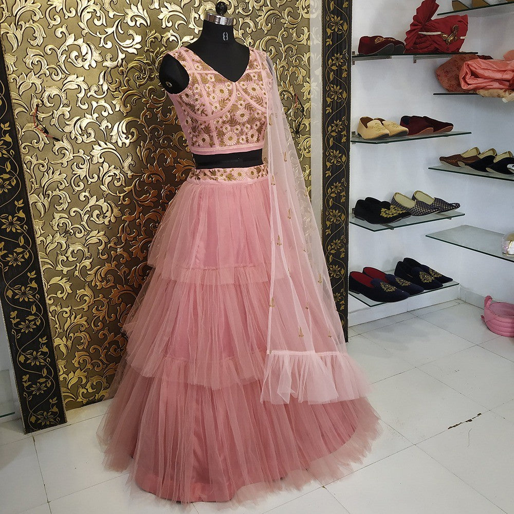 peach net ruffle bollywood lehenga choli