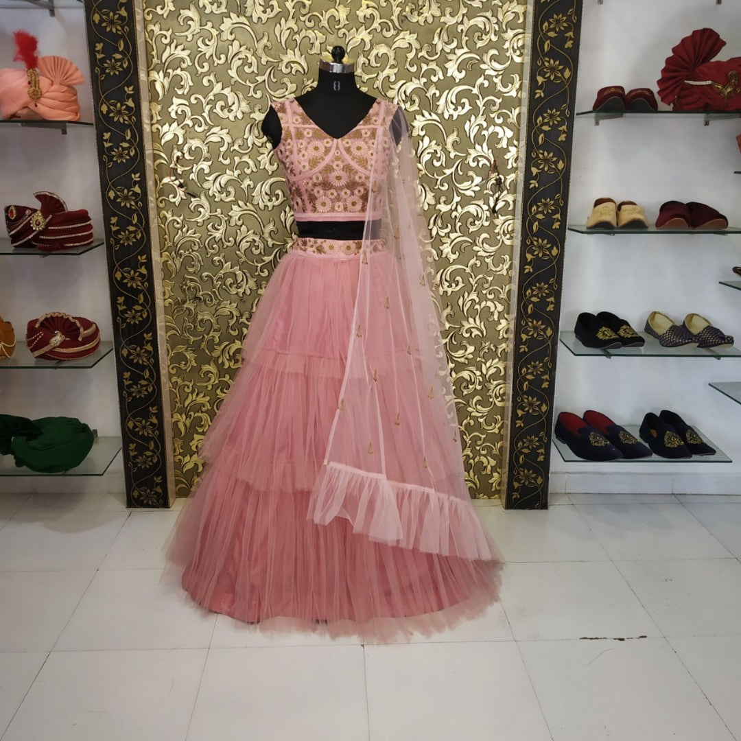 peach net ruffle bollywood lehenga choli