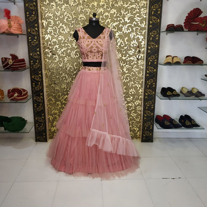 peach net ruffle bollywood lehenga choli