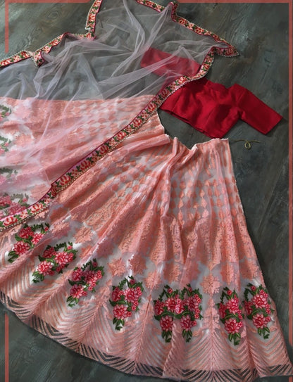 Peach net sequence embroidered ceremonial lehenga choli