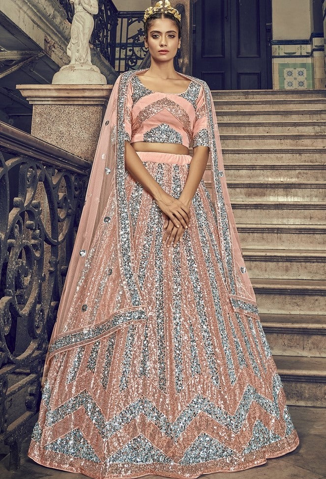 Peach net sequence embroidered work wedding and party wear lehenga choli