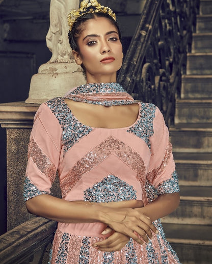 Peach net sequence embroidered work wedding and party wear lehenga choli