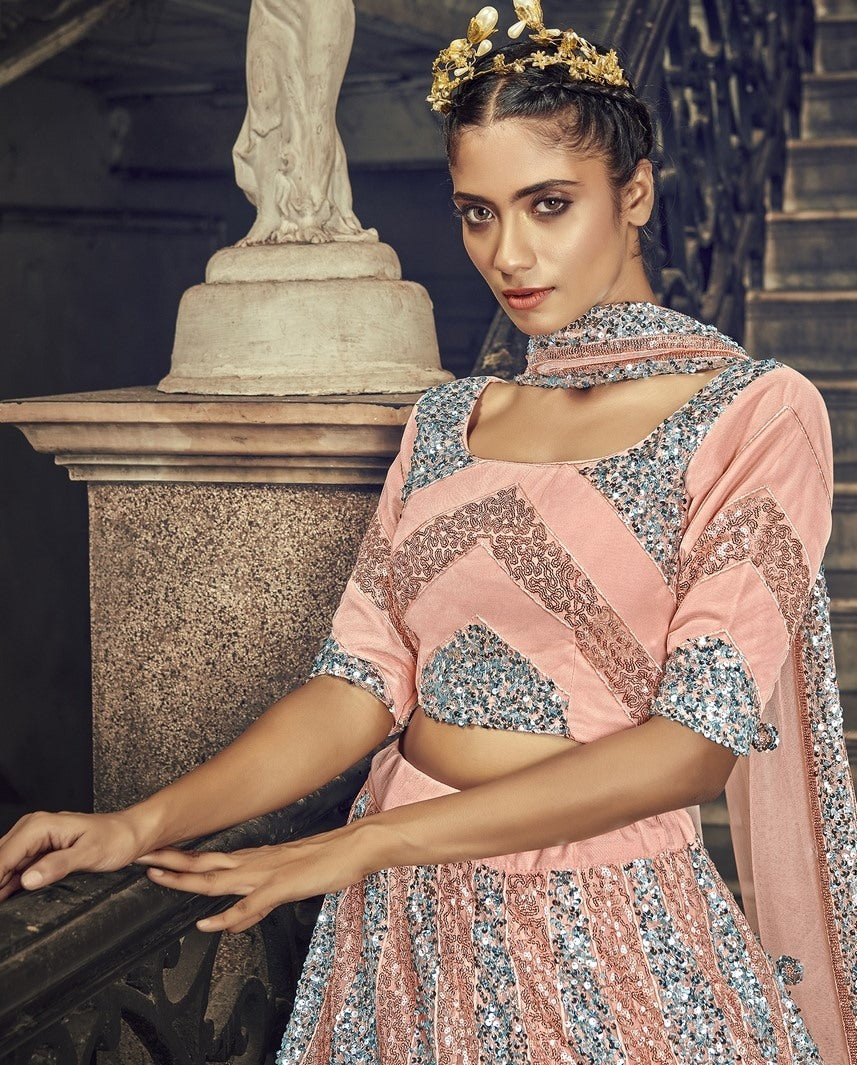 Peach net sequence embroidered work wedding and party wear lehenga choli