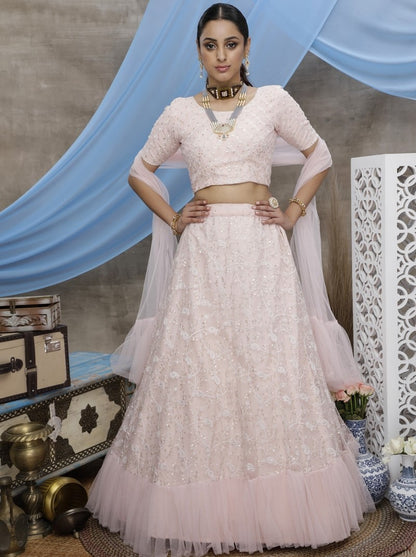 Peach net sequence thread embroidered party wear lehenga choli