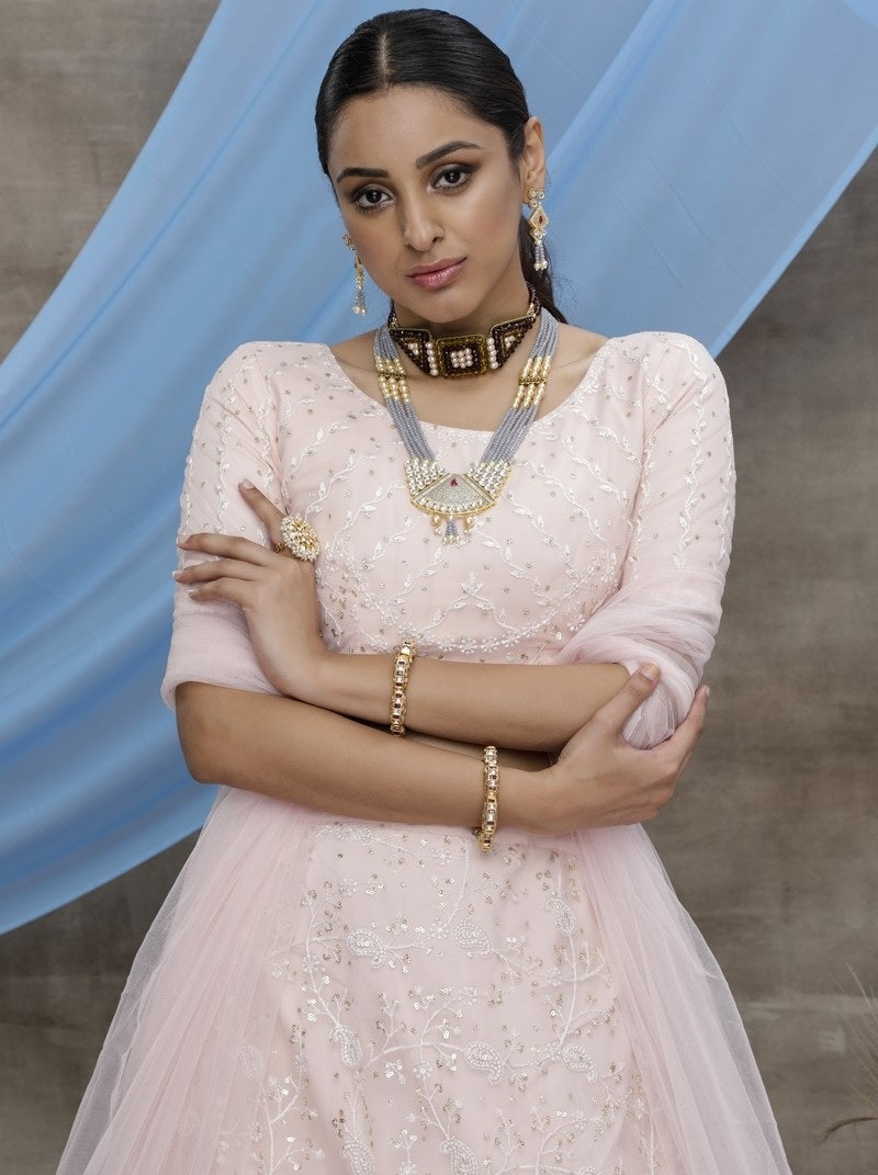 Peach net sequence thread embroidered party wear lehenga choli