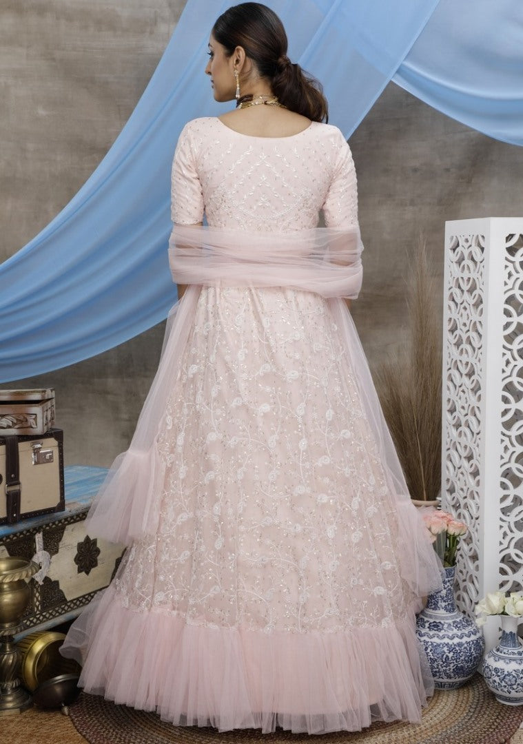 Peach net sequence thread embroidered party wear lehenga choli