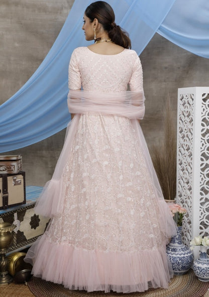 Peach net sequence thread embroidered party wear lehenga choli