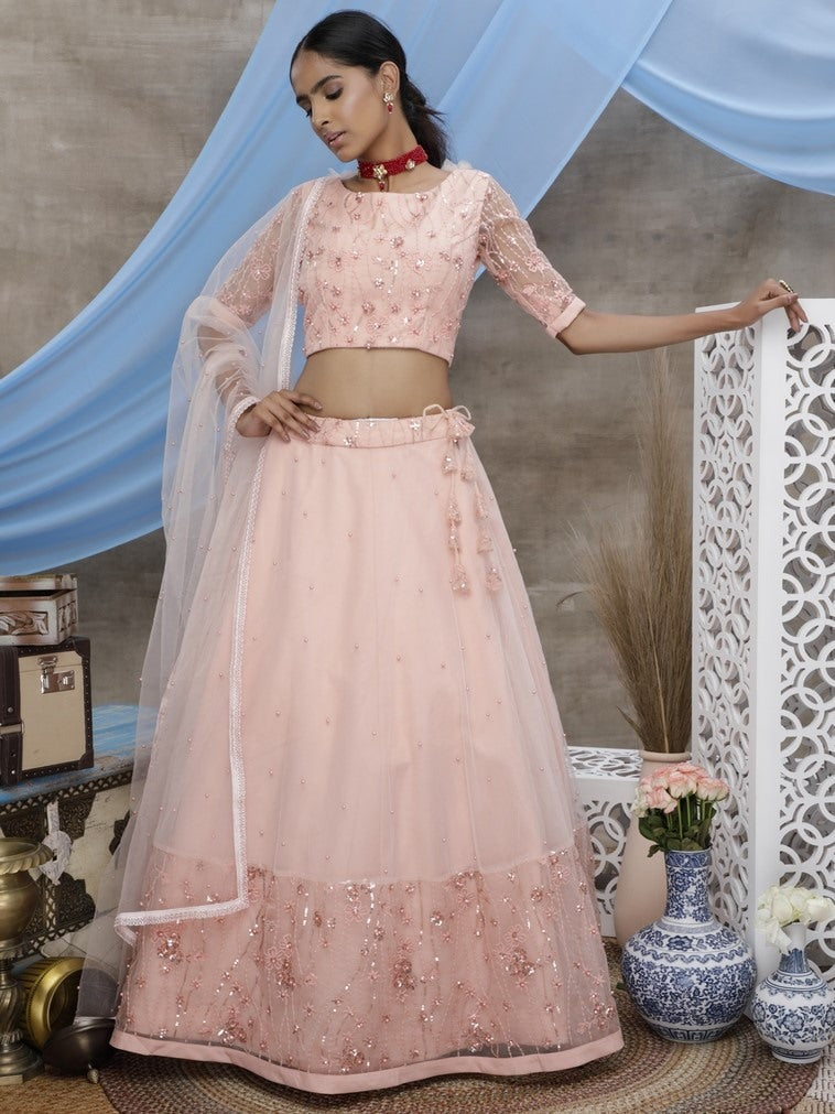 Peach net sequence thread embroidered party wear lehenga choli