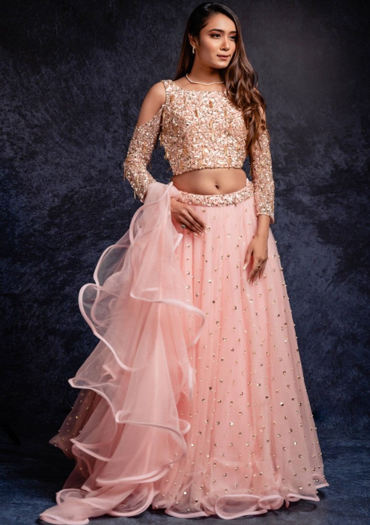 Peach net sequence work party wear lehenga choli